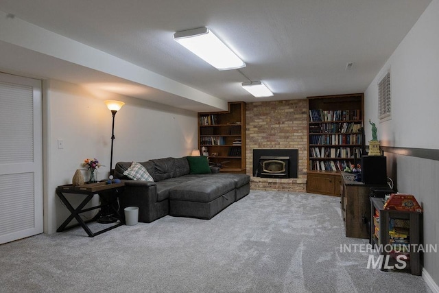 living area featuring built in features and carpet floors