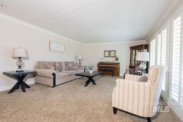 living room featuring crown molding, baseboards, carpet, and plenty of natural light