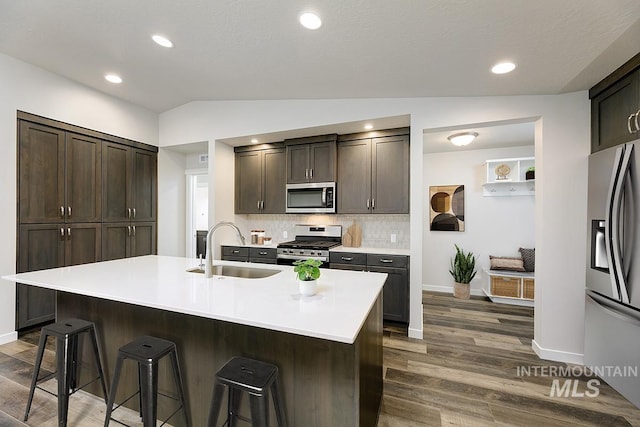 kitchen featuring lofted ceiling, stainless steel appliances, a center island with sink, and sink