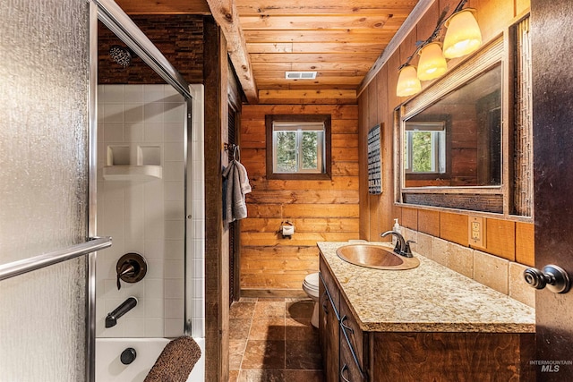 full bathroom featuring wooden ceiling, wood walls, toilet, shower / bath combination with glass door, and vanity