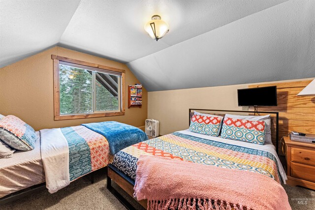 bedroom featuring carpet flooring and vaulted ceiling