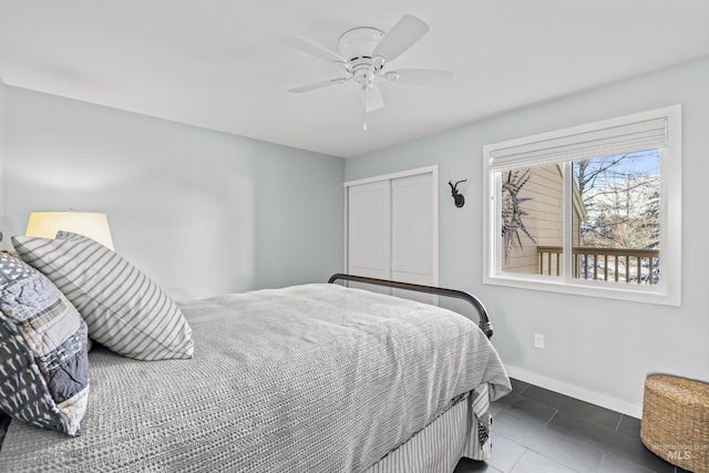 2226 Bonne Vie Condo Dr, Sun Valley, ID 83353 - tiled bedroom with baseboards, a closet, and a ceiling fan