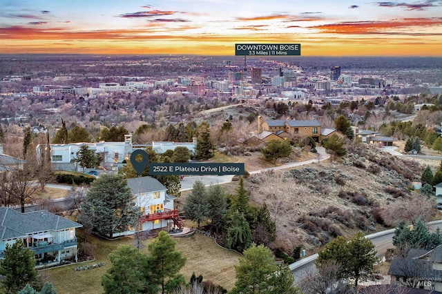 view of aerial view at dusk