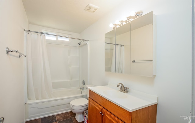 full bath featuring vanity, shower / bath combination with curtain, toilet, and visible vents