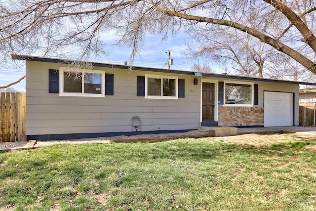 ranch-style home featuring stone siding, an attached garage, a front lawn, and fence