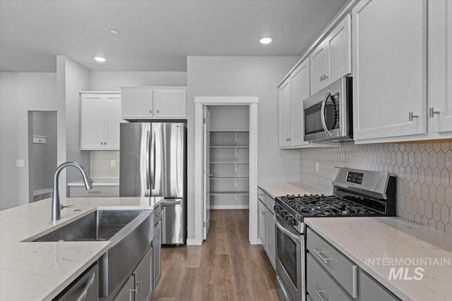 8450 S Bogus Ridge Ave, Boise, ID 83716 - kitchen with stainless steel appliances, light stone counters, dark wood finished floors, tasteful backsplash, and recessed lighting