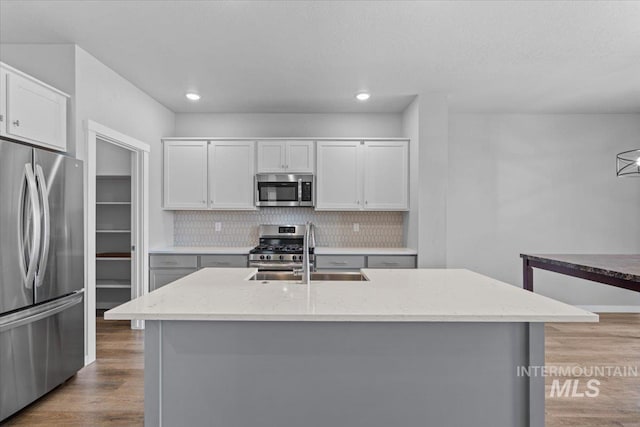 8450 S Bogus Ridge Ave, Boise, ID 83716 - kitchen featuring stainless steel appliances, a sink, decorative backsplash, light wood-style floors, and recessed lighting