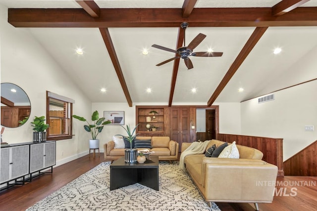 living area featuring wood finished floors, a ceiling fan, lofted ceiling with beams, visible vents, and recessed lighting