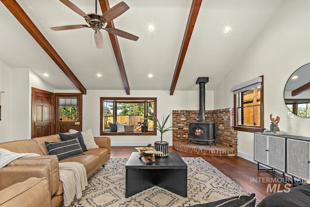living room featuring a wood stove, plenty of natural light, and wood finished floors
