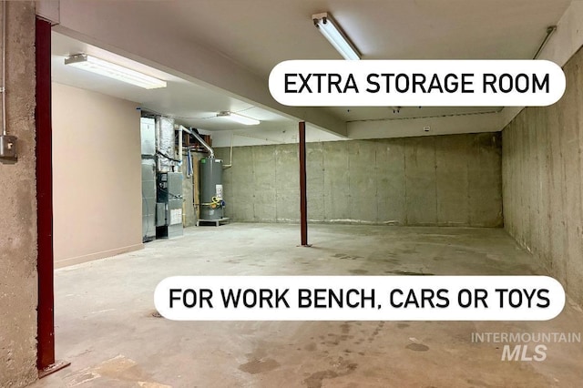 unfinished basement featuring water heater and heating unit