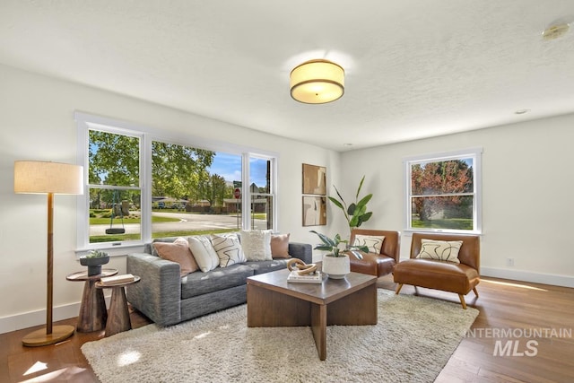 living area with wood finished floors and baseboards