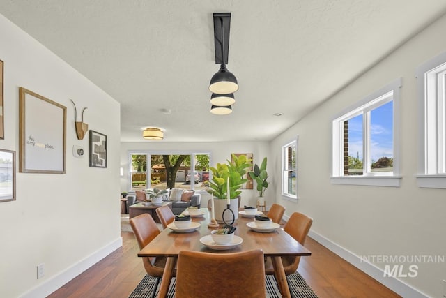 dining area with plenty of natural light, baseboards, and wood finished floors