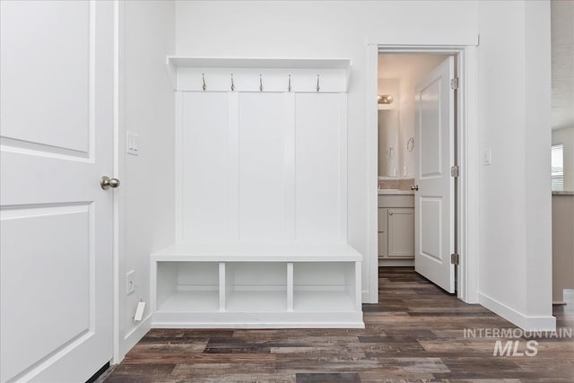 mudroom featuring dark wood-type flooring