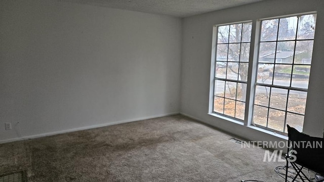 carpeted empty room featuring a textured ceiling