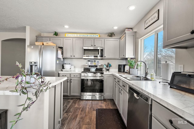 kitchen with gray cabinetry, a sink, dark wood-type flooring, appliances with stainless steel finishes, and a textured ceiling