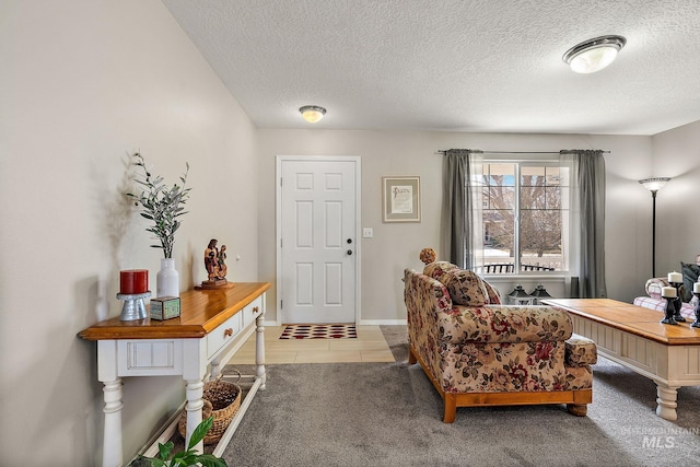 interior space featuring light carpet, a textured ceiling, and baseboards