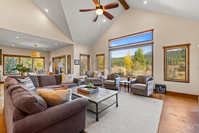 306 Otter Pond Ln, Mccall, ID 83638 - living area featuring recessed lighting, a ceiling fan, baseboards, and high vaulted ceiling