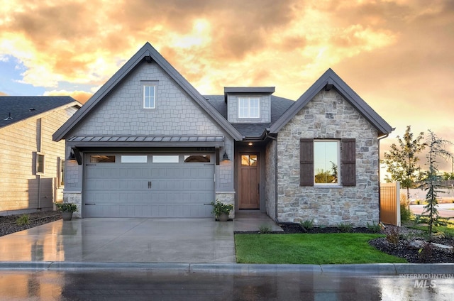 6318 S Utmost Ln, Meridian, ID 83642 - craftsman inspired home with stone siding, concrete driveway, a front lawn, and a garage