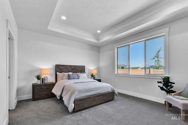6318 S Utmost Ln, Meridian, ID 83642 - carpeted bedroom featuring a textured ceiling, crown molding, a raised ceiling, and recessed lighting