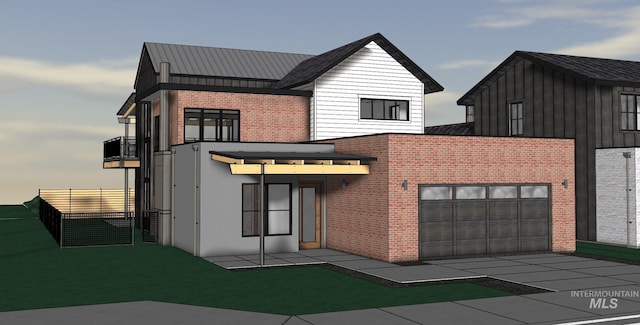 view of front facade featuring brick siding, a balcony, an attached garage, and driveway