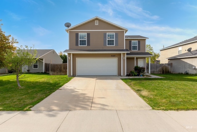 traditional home featuring a garage, fence, a front yard, and concrete driveway