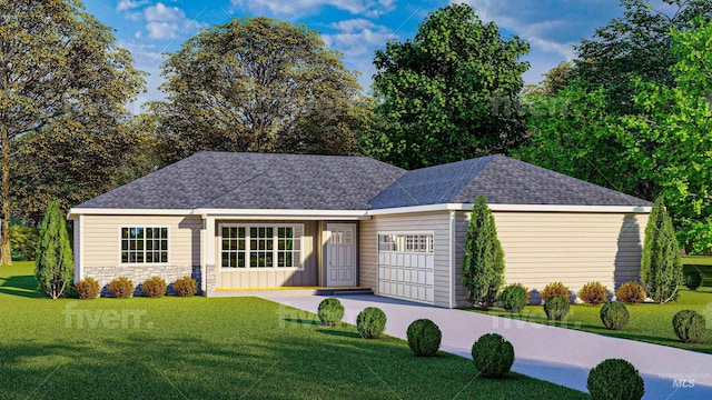 view of front facade with a front yard and a garage