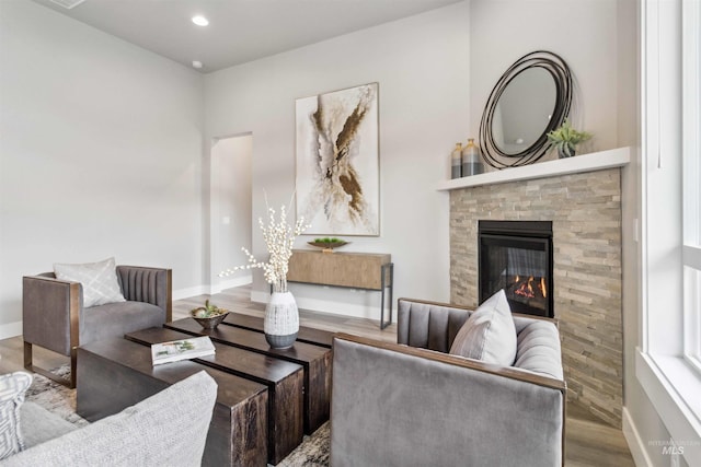 living room featuring wood-type flooring and a stone fireplace