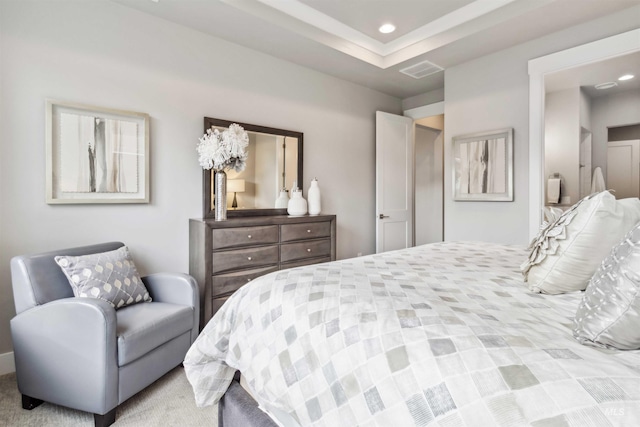 carpeted bedroom featuring a tray ceiling