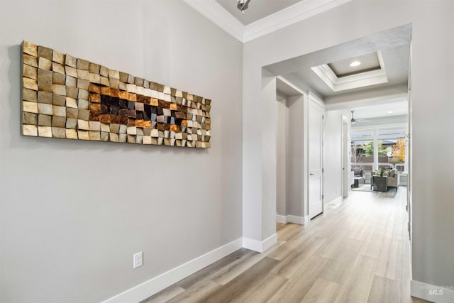 hall featuring light hardwood / wood-style floors and crown molding