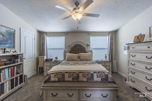 bedroom with a textured ceiling, multiple windows, and carpet flooring