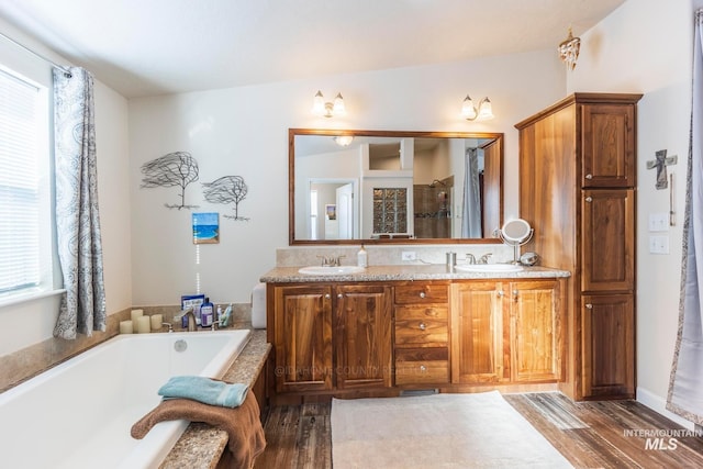 bathroom featuring a bath, double vanity, a sink, and wood finished floors