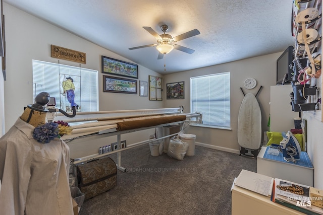 misc room featuring baseboards, a ceiling fan, vaulted ceiling, a textured ceiling, and carpet floors