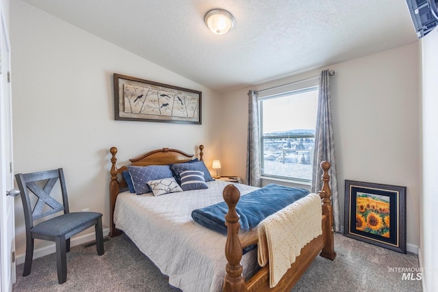 bedroom featuring carpet floors, lofted ceiling, a textured ceiling, and baseboards