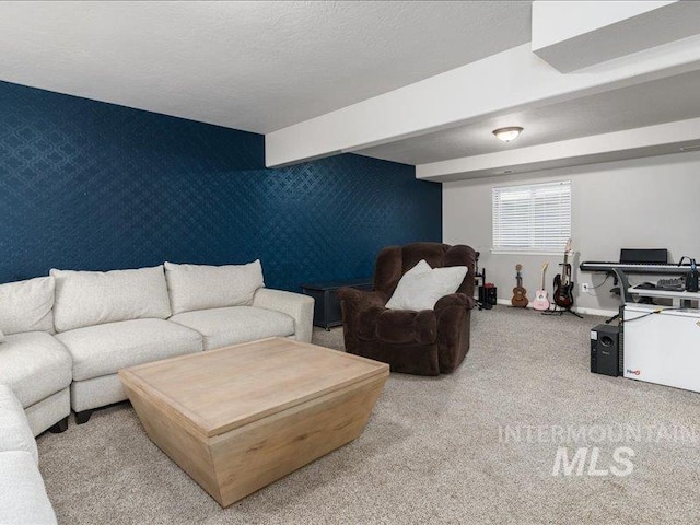 5287 Stuart Ave, Chubbuck, ID 83202 - carpeted living area with beam ceiling, baseboards, and an accent wall