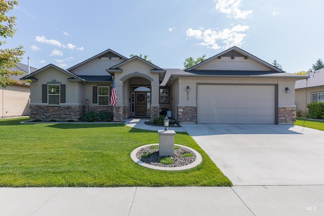 818 W Dallan Woods Way, Nampa, ID 83686 - view of front facade featuring stone siding, stucco siding, an attached garage, and a front lawn