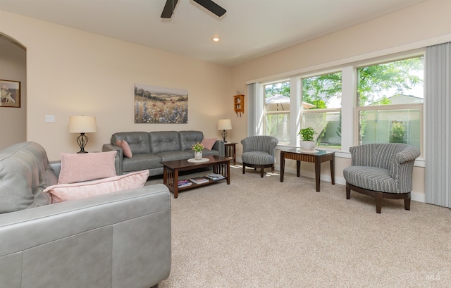 818 W Dallan Woods Way, Nampa, ID 83686 - living room featuring a ceiling fan, carpet flooring, arched walkways, and recessed lighting