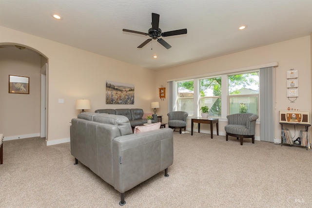 818 W Dallan Woods Way, Nampa, ID 83686 - living area featuring arched walkways, light carpet, ceiling fan, and recessed lighting