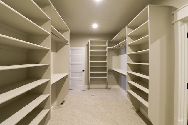 walk in closet with light carpet