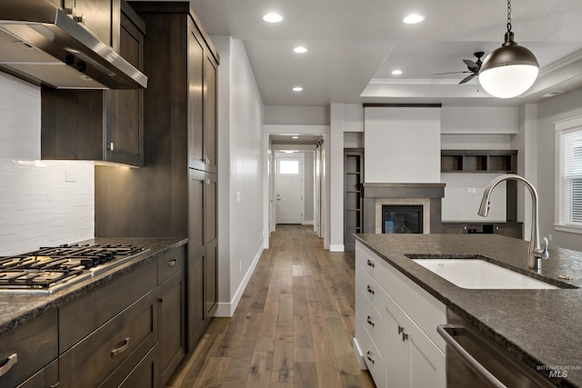 kitchen with sink, appliances with stainless steel finishes, dark hardwood / wood-style floors, white cabinets, and exhaust hood