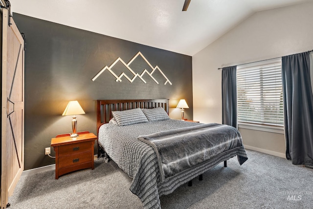 bedroom featuring ceiling fan, lofted ceiling, and carpet