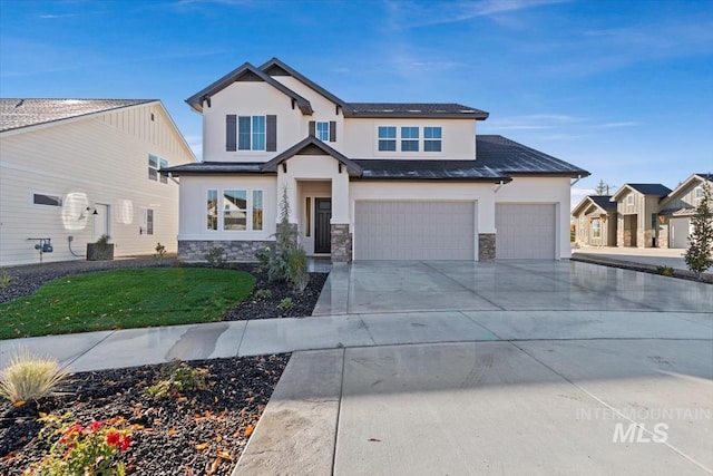 6511 W Donatella St, Eagle, ID 83616 - view of front of property with an attached garage, stone siding, stucco siding, a front yard, and driveway