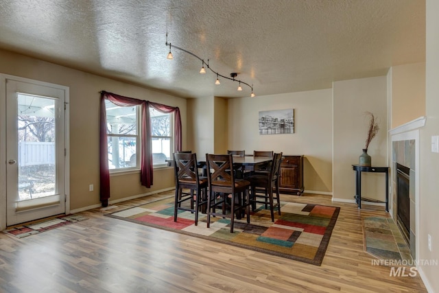 1587 N Firebrick Dr, Kuna, ID 83634 - dining room with light wood-type flooring, a fireplace, baseboards, and a textured ceiling