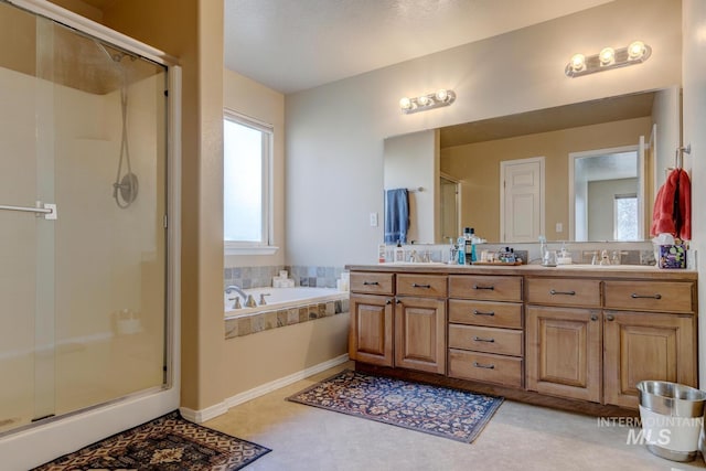 1587 N Firebrick Dr, Kuna, ID 83634 - full bath featuring double vanity, a sink, a shower stall, and a bath
