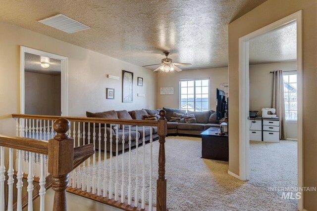 1587 N Firebrick Dr, Kuna, ID 83634 - carpeted living area featuring plenty of natural light, visible vents, ceiling fan, and a textured ceiling