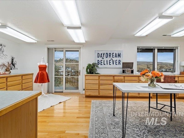 interior space with a textured ceiling and light hardwood / wood-style flooring