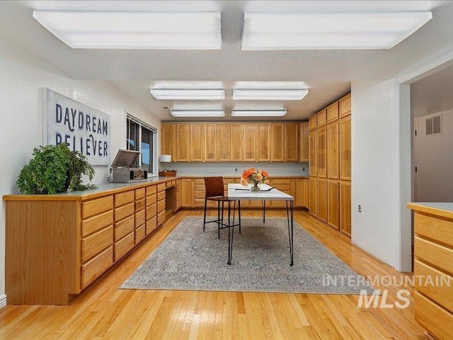kitchen with light wood finished floors, light countertops, and visible vents
