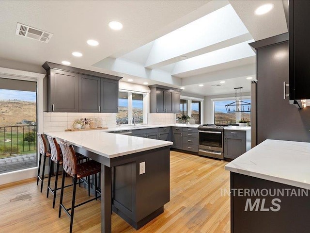 kitchen with gas range, kitchen peninsula, plenty of natural light, and a kitchen breakfast bar