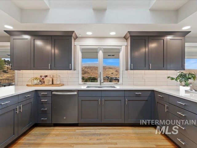 kitchen with backsplash, a healthy amount of sunlight, sink, and stainless steel dishwasher