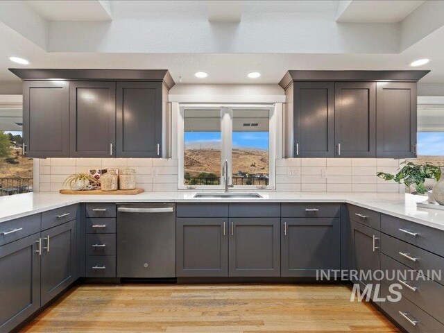 kitchen with backsplash, light wood-style flooring, stainless steel dishwasher, and a sink