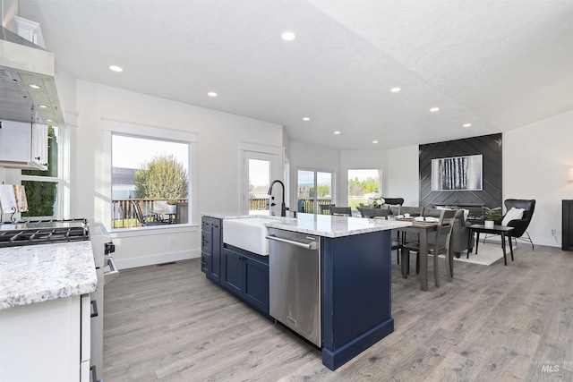 1910 W Campo Ln, Eagle, ID 83616 - kitchen with appliances with stainless steel finishes, a sink, recessed lighting, baseboards, and blue cabinetry